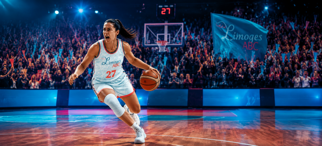 La meneuse du club de basket féminin, le Limoges ABC, en pleine action durant un match de Nationale Féminine 1